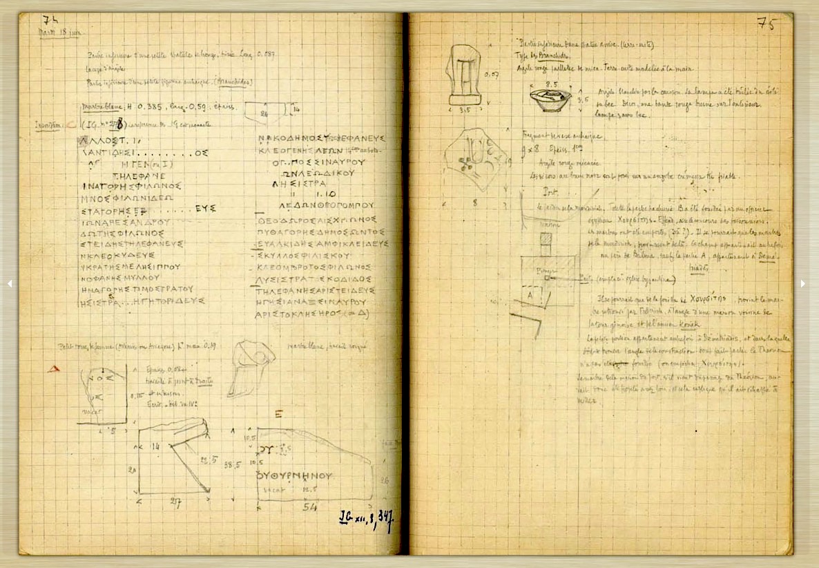 Pages 74-75 du Carnet de Charles Picard Thasos 1912